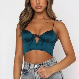 NEW WHITE FOX Corset Teal Hunter Green Satin Tie-Front Crop Top S